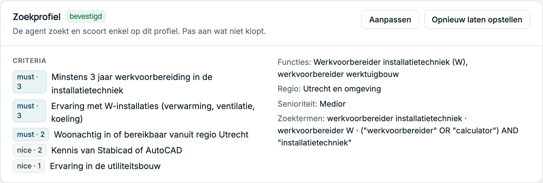Bevestigd zoekprofiel met criteria (fictief voorbeeld)